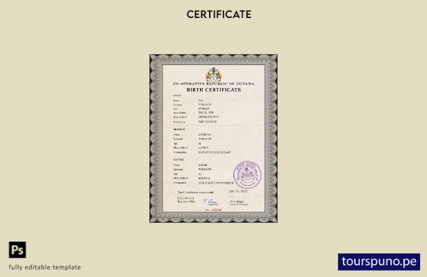 listo para imprimir plantilla PSD de certificado de nacimiento de registro ci 26